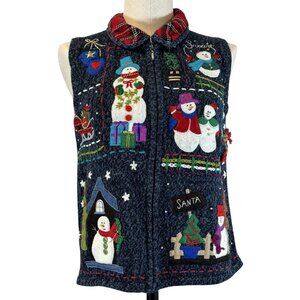 Designers Originals Womens Blue Embroidered Christmas Snowman Sweater Vest Small